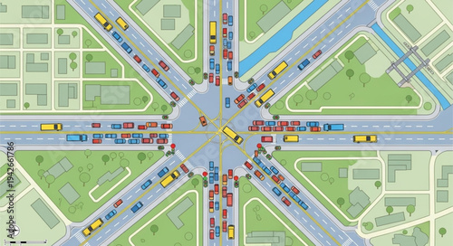 Aerial View of a Busy Intersection with Heavy Traffic.