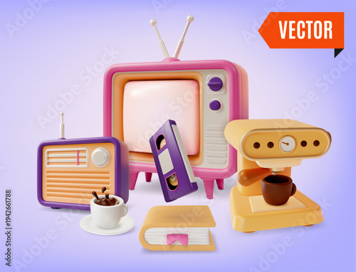 3d Reminisce Reconnect Analog Warmth Returns Order Retro Media Kit Concept Background Cartoon Design Style. Vector illustration