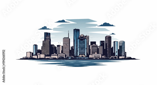 Stylized, pixelated city skyline with varying height buildings and water