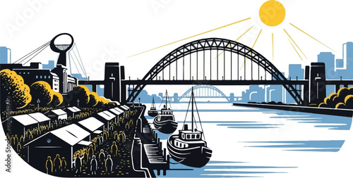 Sunny day by a city river with boats, market, and bridges