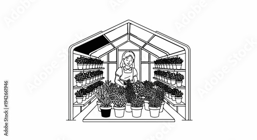 A person stands amidst lush potted plants inside a sunny greenhouse structure