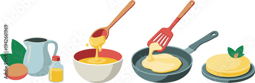 Making pancakes with eggs milk and oranges on white background