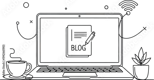 Minimalist line art illustration depicting a laptop screen showing a blog post creation concept with coffee nearby