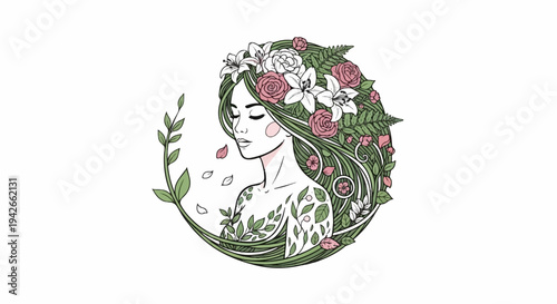 Woman with hair made of leaves and flowers, serene expression