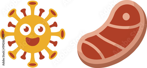 Cartoon virus and steak meat isolated on white background for health or food concept