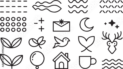 Set of black line icons for design and decoration on white background