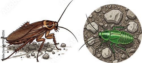 Detailed illustrations of two cockroaches on rocky ground