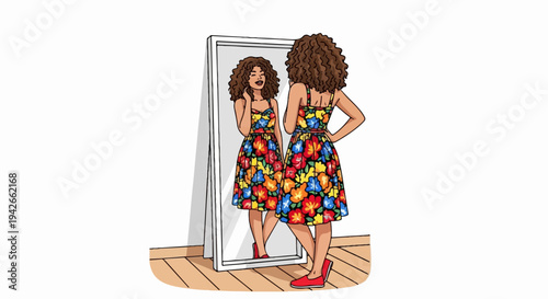 Young woman admiring her floral dress in a full-length mirror
