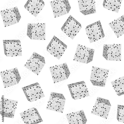 Fresh white dragon fruit cut into cubes with black seeds for a healthy salad.white Fruit pattern