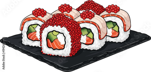 A close-up isometric illustration of salmon sushi rolls with red roe