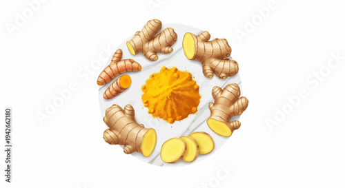 A circular arrangement of ginger and turmeric roots and powder