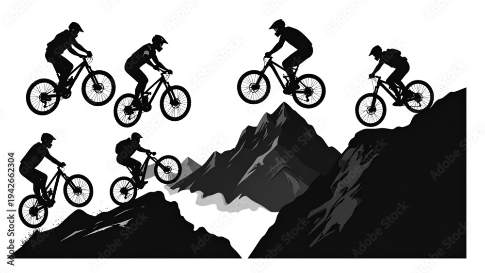Fototapeta premium Mountain Biker Silhouettes on Rocky Terrain – Outdoor Cycling Adventure Vector