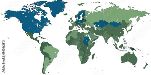 3D rendered map of the world, showing continents in various shades of green and blue