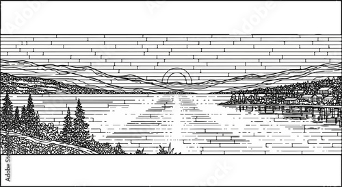 Scenic village on a lake with mountains and trees at sunset