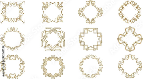 Twelve ornate golden vintage frames arranged in a grid
