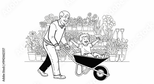 Smiling grandfather pushes happy child in wheelbarrow amongst potted plants