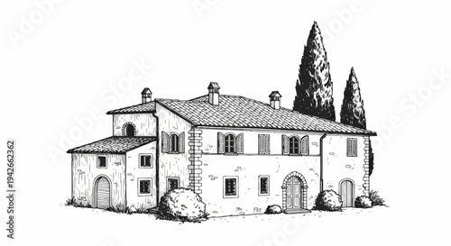 Detailed black and white ink sketch of a rustic European-style villa with cypress trees