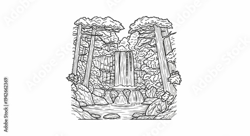 Detailed black and white illustration of a multi-tiered waterfall in a lush forest
