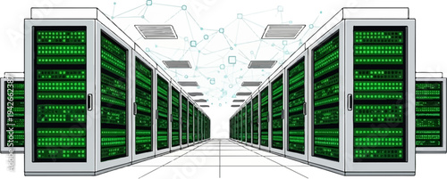 Rows of computer servers in a data center with network connections overhead