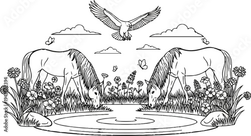 Two horses drink from a pond surrounded by flowers, an eagle flies above