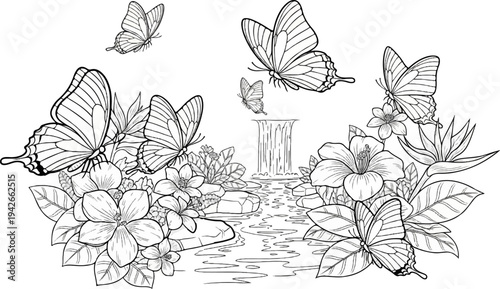 Delicate butterflies flutter around a serene waterfall and vibrant tropical flowers