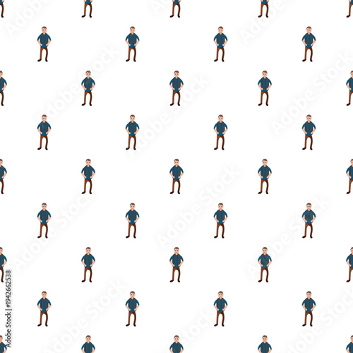 Many identical cartoon men standing creating a seamless pattern on white background