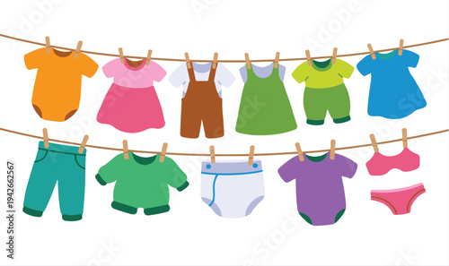 Colorful baby clothes hanging on a clothesline with clothespins on white background