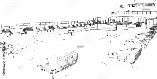 Stylized outdoor seating area with loungers, tables, and pool