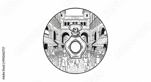 Stylized perfume bottle over a bustling market street with classical architecture