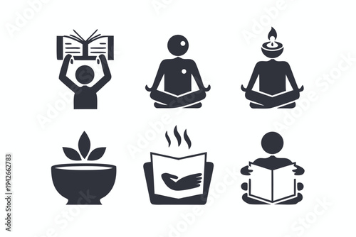 Set of Six Icons with Meditation, Books, Aroma Bowl on White Background