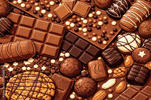 A delicious closeup of gourmet dark chocolate candy with nuts and cocoa beans isolated on a white background, creating a sweet brown dessert aroma perfect for a cafe