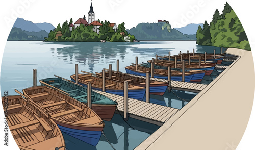 Wooden boats docked on a pier with a lake, island, and church in the background