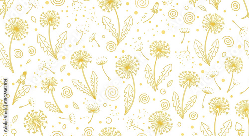 Yellow dandelions and seeds with decorative swirls on white background