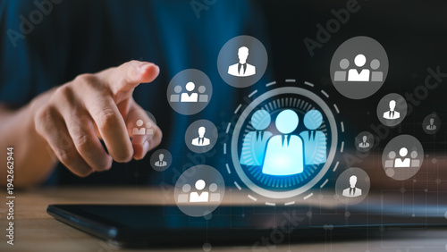 Tablou pe pânză Business leaders and HR professionals connect teams, social interaction, strengthen collaboration networks, manage digital communication systems to enhance organizational efficiency and performance