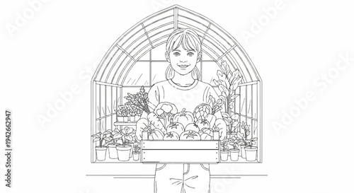 Young person in greenhouse holding crate of fresh vegetables and plants