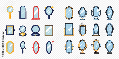 Collection of various mirror designs, including hand mirrors, standing mirrors, and vanity mirrors, in different shapes and styles, isolated on a transparent background.