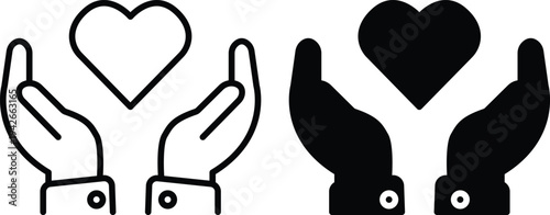 Hands Holding Heart Charity and Donation Care Symbol Line and Solid Vector Silhouette and Pictogram Icon Set.eps