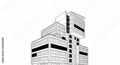 A sketched, multi-story modern office building with dark windows