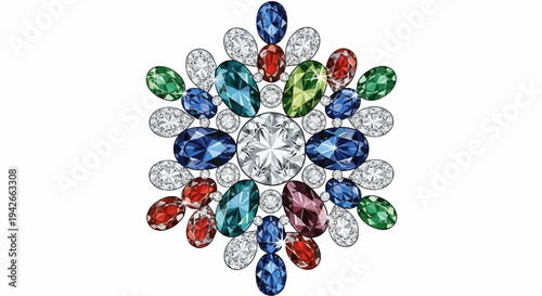 A radial arrangement of colorful faceted gemstones on a white background