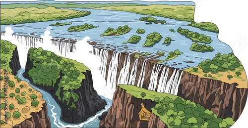 A majestic waterfall cascades into a gorge, with islands dotting the river upstream