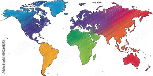 A colorful, sketched world map divided into continents using a vibrant gradient