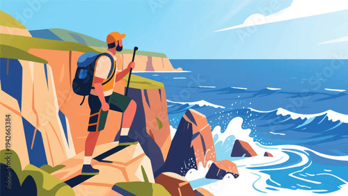 Illustration Of An Adventurer Exploring The Coral Cliffs On The Edge Of The Blue Sea Vector Design Template