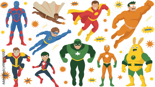 Cartoon superheroes and animals in various poses with explosion effects isolated on white background