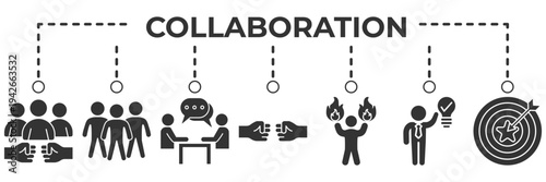 Collaboration banner web icon vector illustration for teamwork and partnership concept with cooperation, group discussion, shared goals, communication and collective success icons