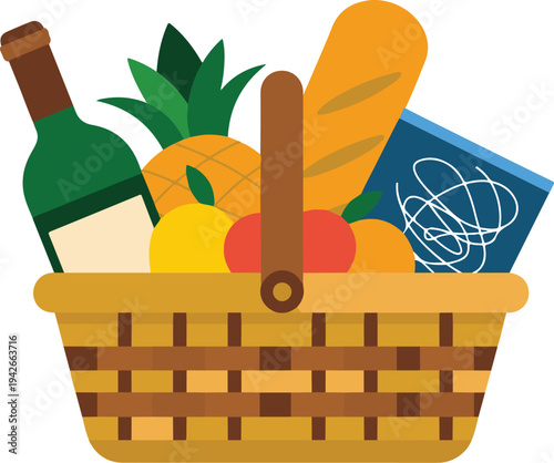 Cartoon picnic basket with wine bottle bread fruits and cheese on white background