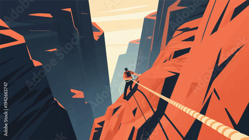 Illustration Of An Adventurer Descending A Steep, Rocky Valley With A Rope Vector Design Template