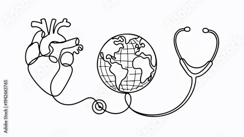 Global health concept with heart stethoscope and world map illustration