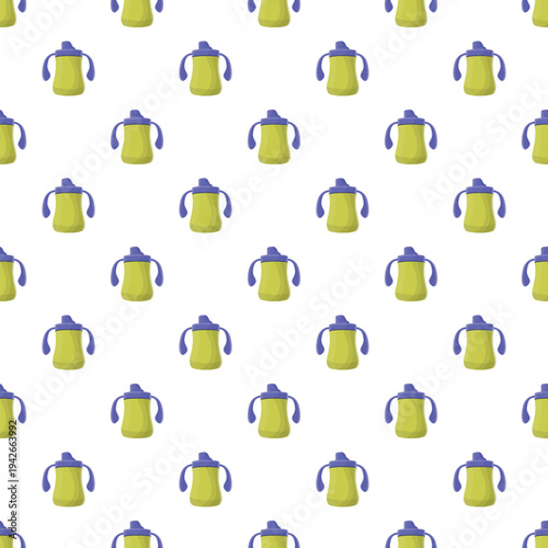 Repeating baby sippy cups forming a seamless pattern on a white background
