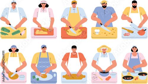 People preparing food in kitchen with various ingredients and cooking techniques used by chefs and home cooks