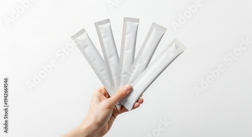 Hand holding five white stick packs against a clean background.